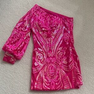 Vibrant Pink One-Shoulder Dress with Sequins